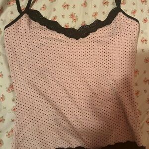 Pink Polka Dot Cami with Black Lace Trim